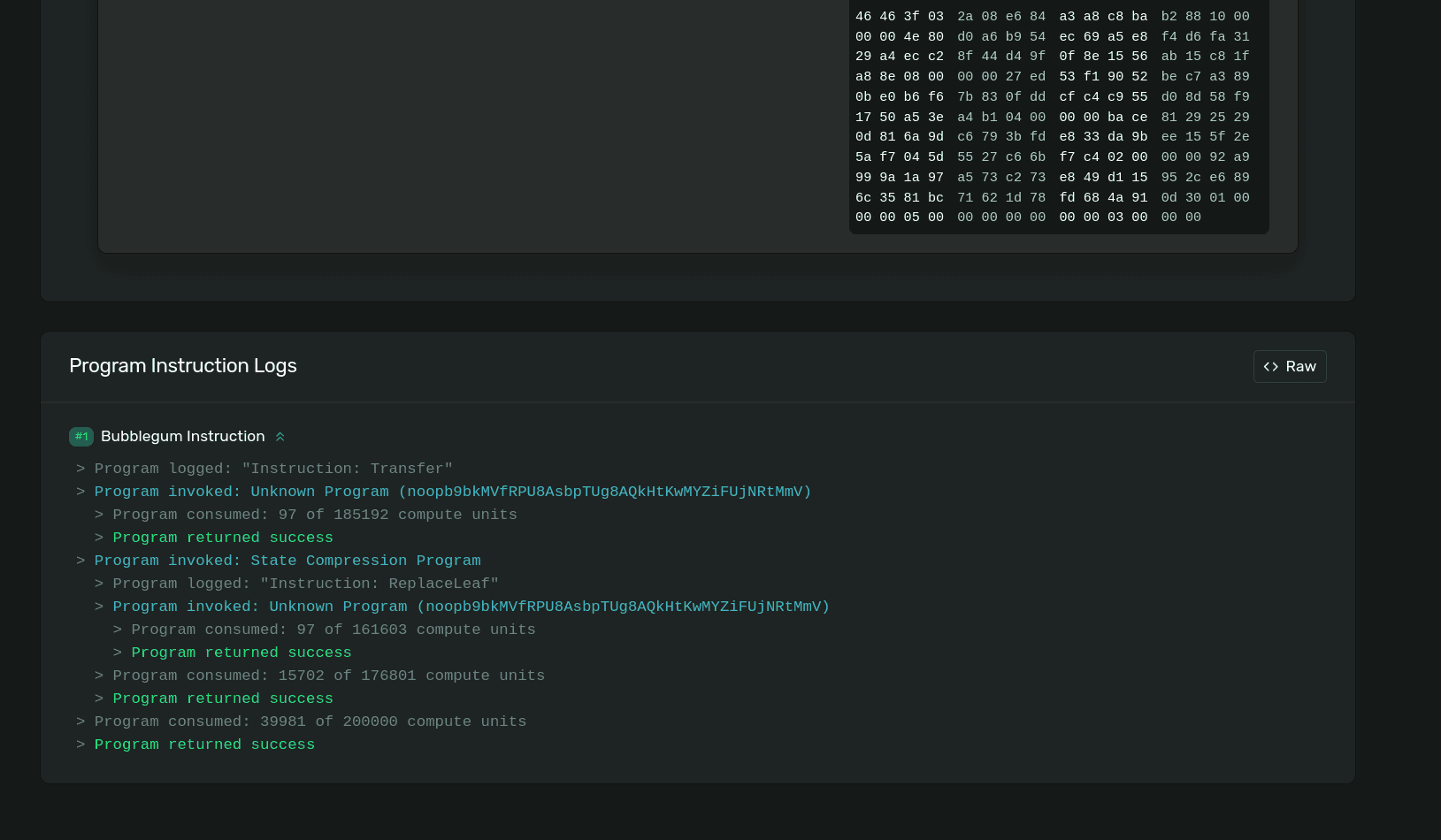 Solana Explorer showing logs of the transfer cnft instruction