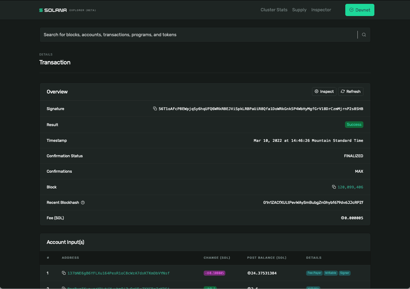 Solana Explorer with details about a transaction